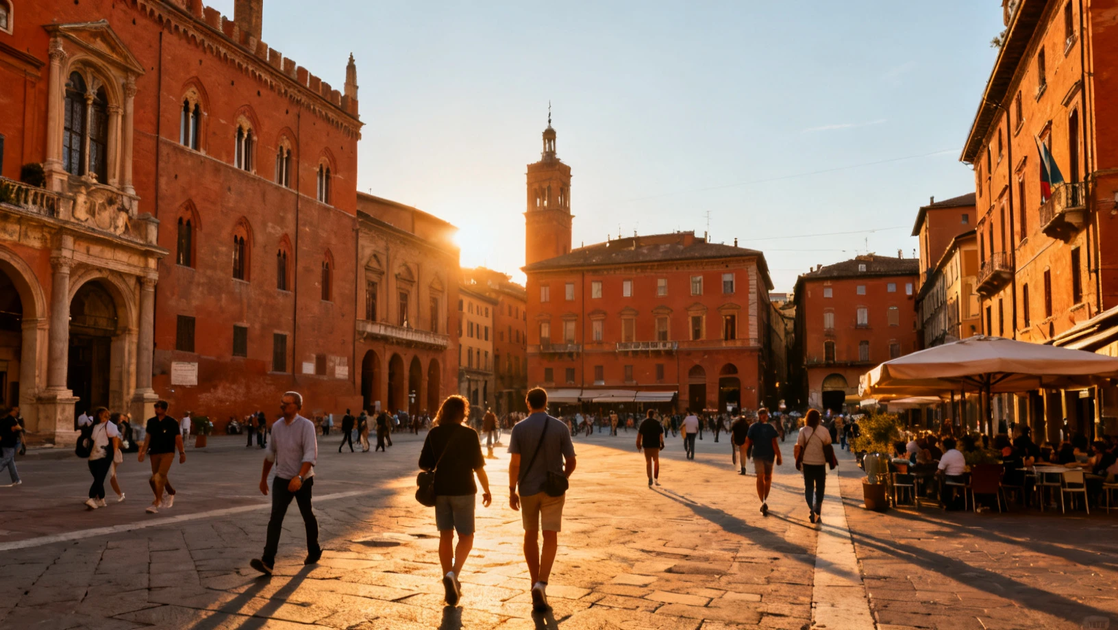Portiques du centre historique de Bologne avec terrasses de restaurants et passants