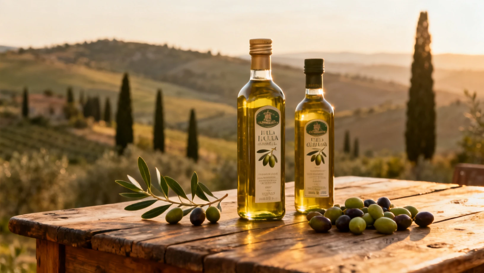 Sélection de bouteilles d'huile d'olive extra-vierge italiennes de Toscane, Pouilles, Sicile et Ligurie