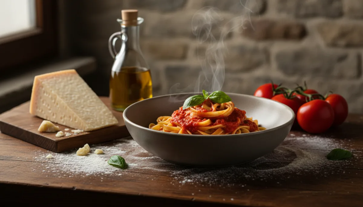 Plan de travail avec ingrédients italiens frais, tomates san marzano, basilic, mozzarella, huile d'olive et pâtes artisanales