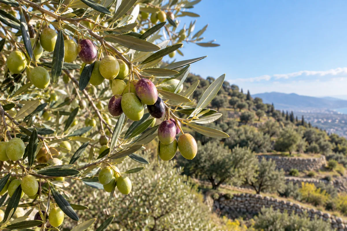 Branche d’olivier chargée d’olives vertes et violacées devant des terrasses de pierre sèche
