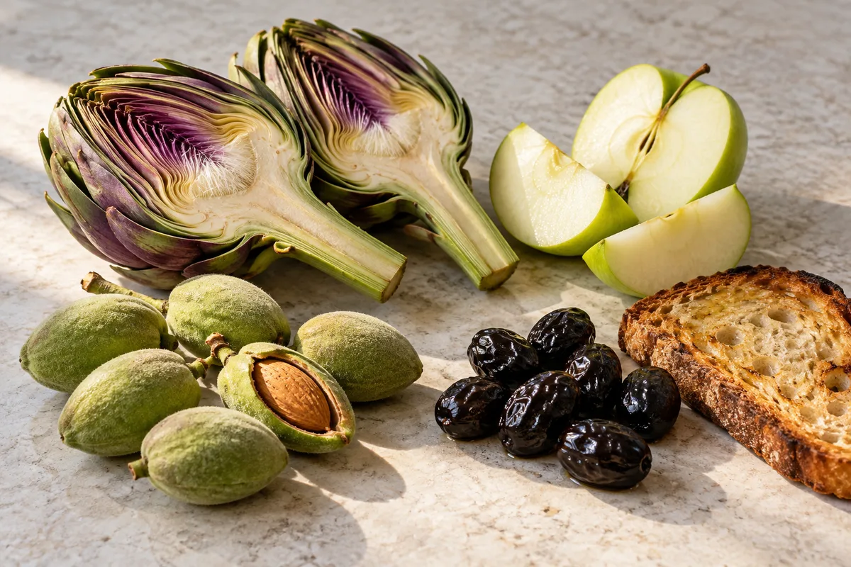 Artichaut violet coupé, amandes fraîches, pomme verte et olives noires ridées sur un plan en pierre