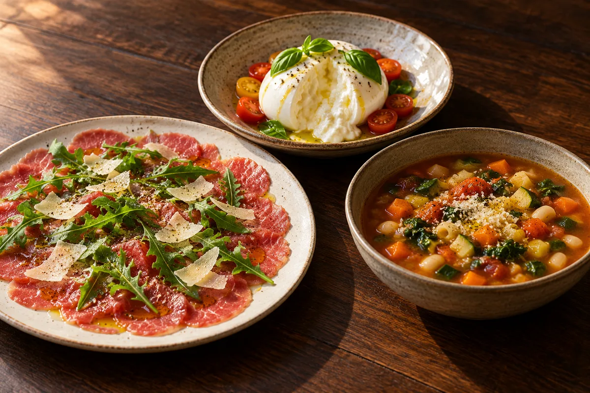 Carpaccio de bœuf à la roquette, burrata ouverte et bol de minestrone arrosés d’huile d’olive