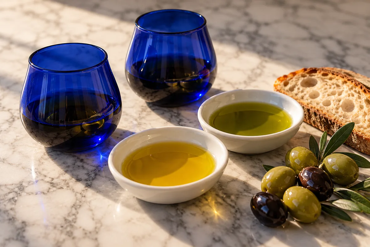 Deux verres de dégustation bleu cobalt et deux coupelles d'huile d'olive dorée et verte sur une table en marbre blanc