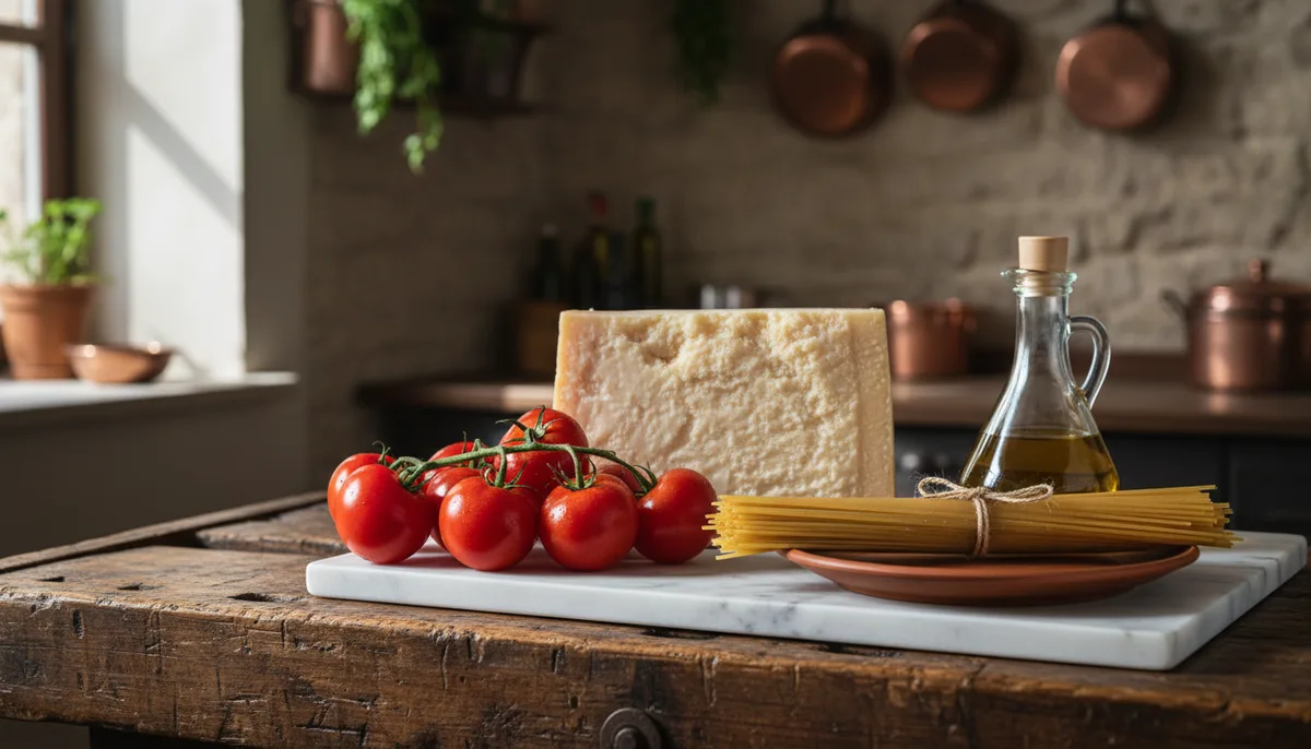 Marché italien en plein air avec étalages de tomates, fromages, charcuteries et huile d'olive