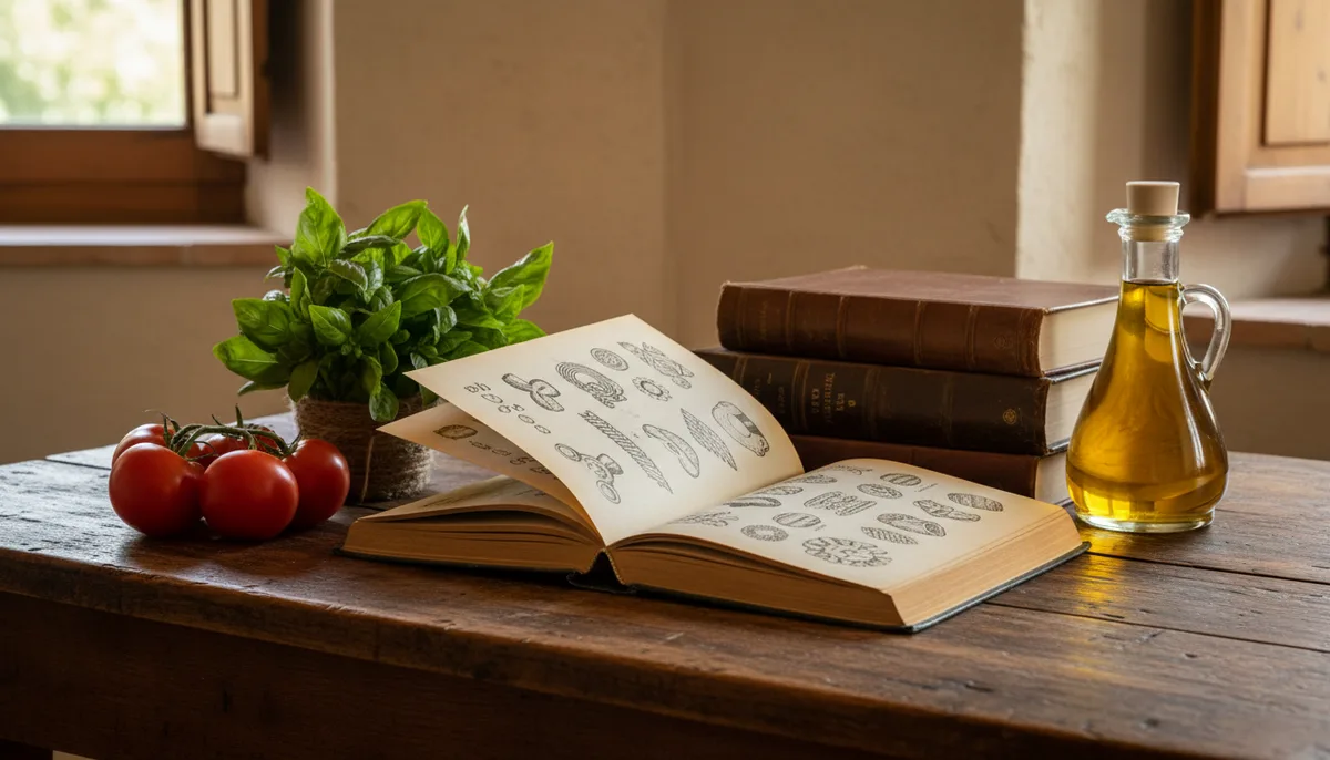 Sélection de livres de cuisine italienne ouverts sur une table en bois avec des ingrédients frais
