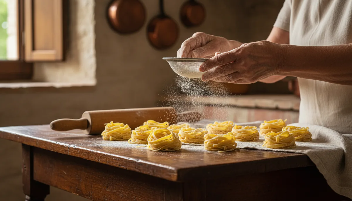 Grand-mère italienne préparant des pâtes fraîches dans une cuisine traditionnelle avec ses petits-enfants
