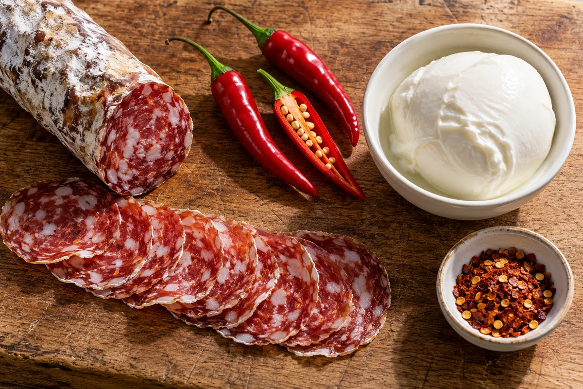 Salami piquant tranché, piments rouges frais et mozzarella fior di latte sur une planche en bois