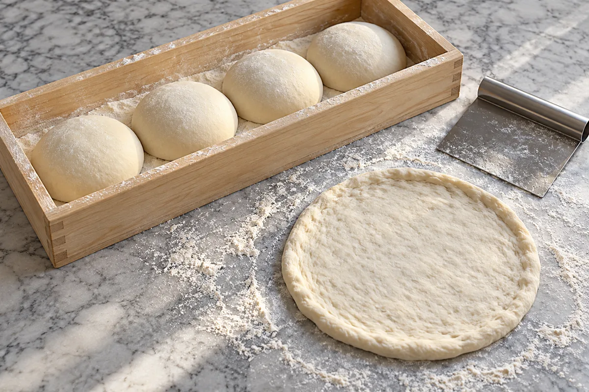 Pâtons de pâte à pizza reposés dans une caisse en bois farinée, à côté d’un disque étiré