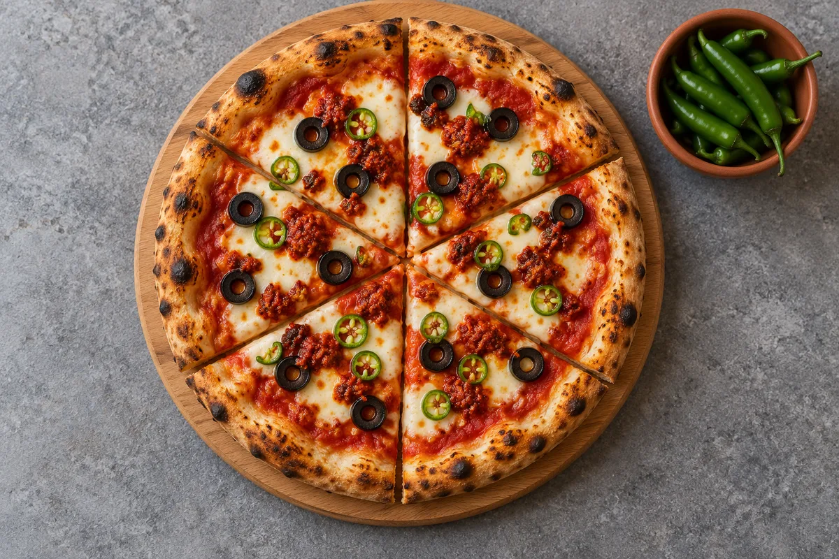 Pizza à la ’nduja, aux olives noires et au piment vert coupée en parts, vue de dessus