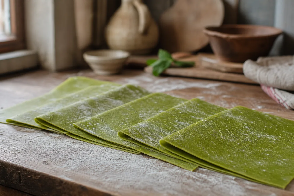 Feuilles de pâte fraîche aux épinards découpées en rectangles pour la lasagne verdi
