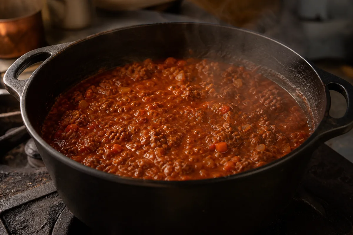 Ragù bolognese mijotant lentement dans une cocotte en fonte sur la cuisinière