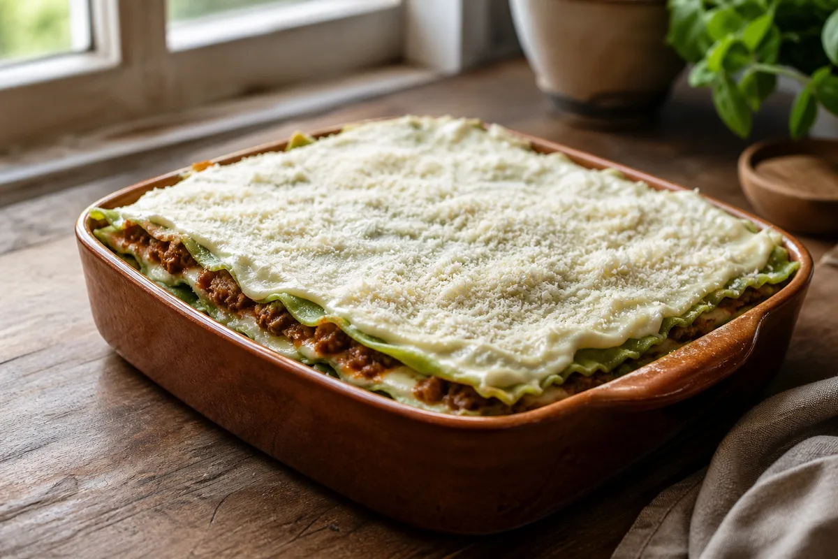 Lasagne verdi montée en couches, prête à enfourner dans son plat en terre cuite