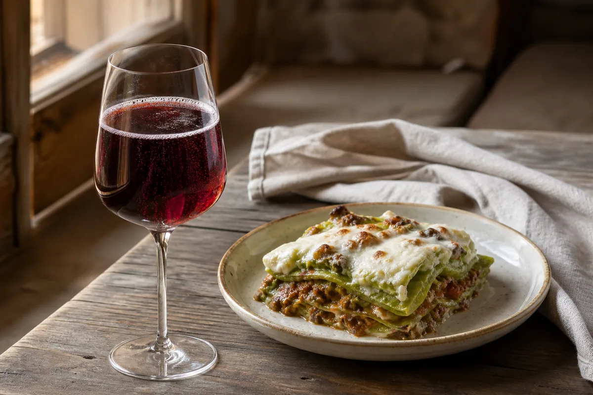 Verre de Lambrusco pétillant servi à côté d’une part de lasagne bolonaise