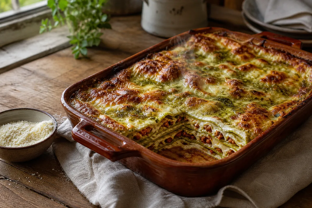 Lasagne verte italienne fraîchement sortie du four dans un plat en terre cuite