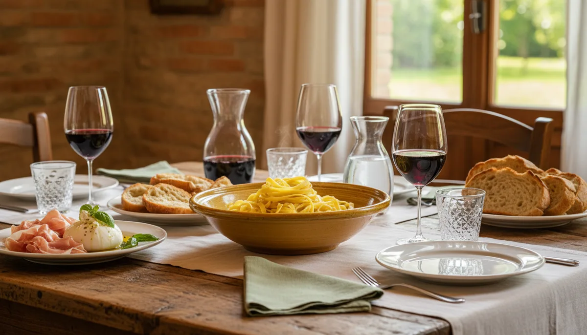 Table italienne dressée avec antipasti, pâtes fraîches, vin rouge et pain artisanal