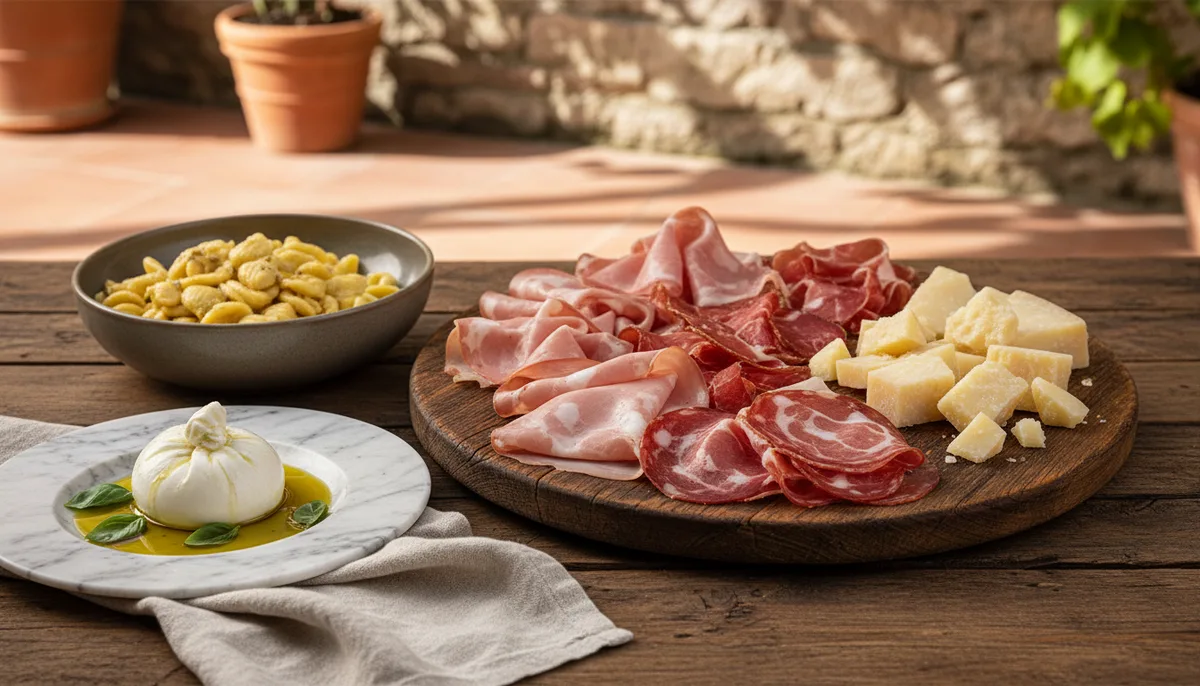 Table italienne garnie de spécialités régionales : antipasti, pâtes fraîches, fromages, charcuteries et desserts